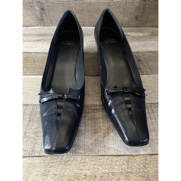 Stuart Weitzman Black Square Toe Black Low Pump with Bow Size 9 1/2 - Picture 1 of 6